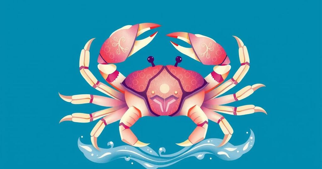 Illustrasi zodiak Cancer dengan elemen air dan simbol kepiting, warna putih mendominasi, menyoroti cinta dan keberhasilan finansial.