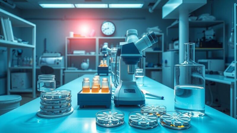 Ilustrasi penelitian sel imun pada latar belakang laboratorium dengan warna biru dan hijau.