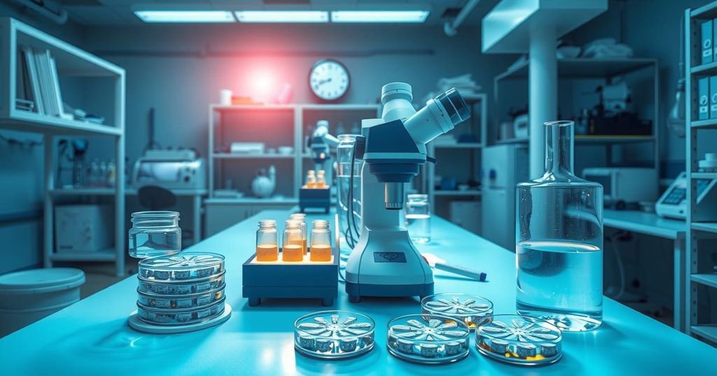 Ilustrasi penelitian sel imun pada latar belakang laboratorium dengan warna biru dan hijau.