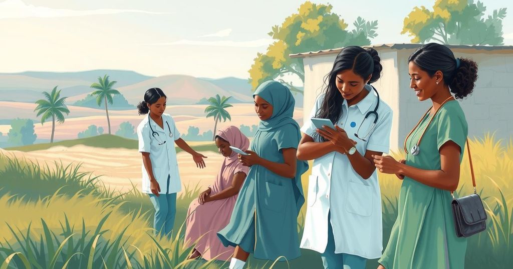 Ilustrasi pemandangan pedesaan dengan tenaga kesehatan membantu wanita, menyoroti akses kesehatan yang lebih baik di Asia.