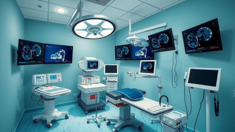 A serene hybrid operating room with high-tech equipment and a calming color scheme, symbolizing health care for veterans.
