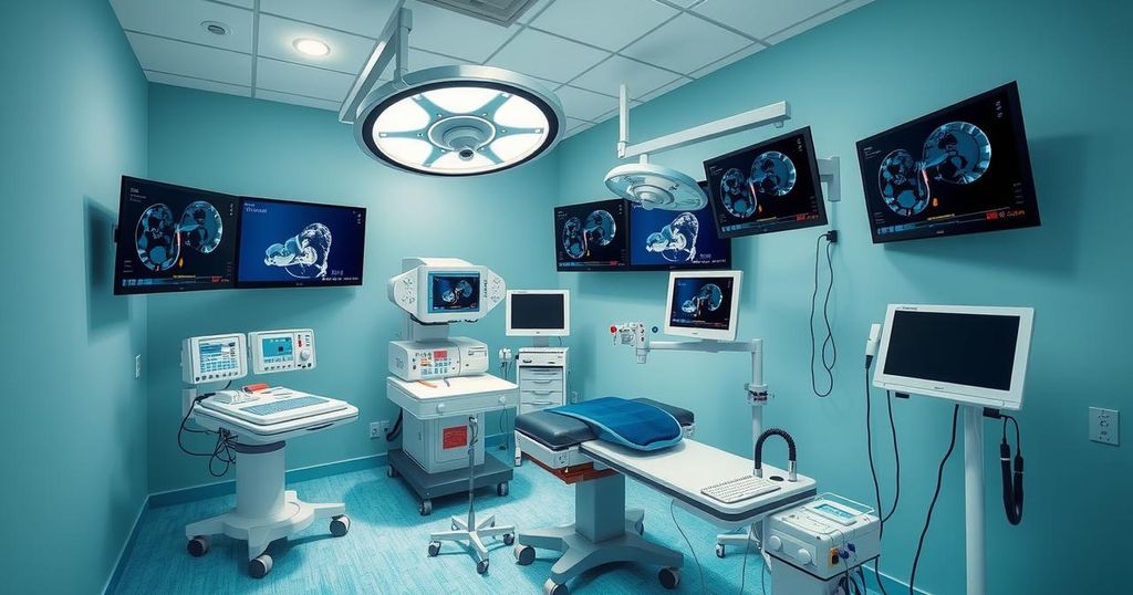 A serene hybrid operating room with high-tech equipment and a calming color scheme, symbolizing health care for veterans.