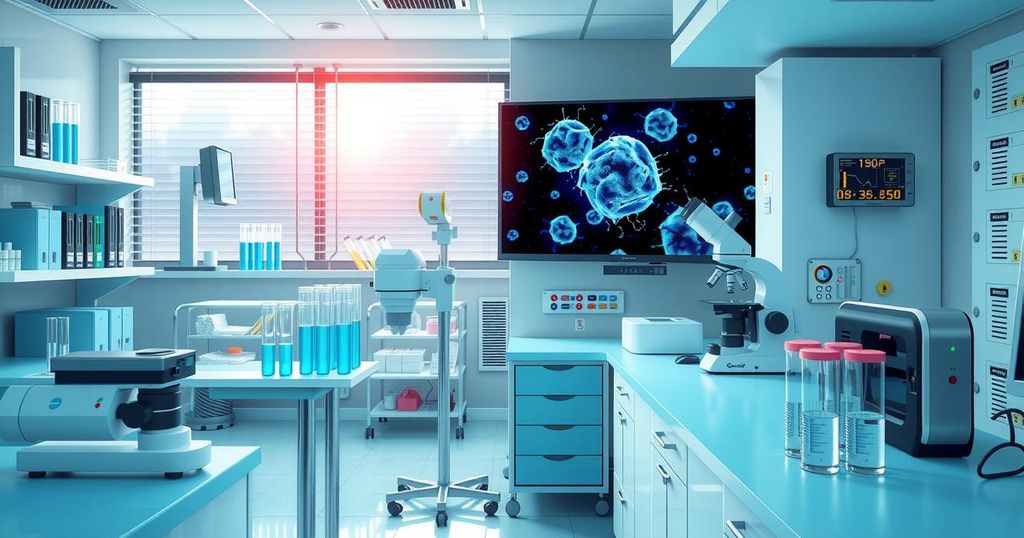 Diagram of a laboratory with research equipment and cancer cells illustrating advanced treatment progress.