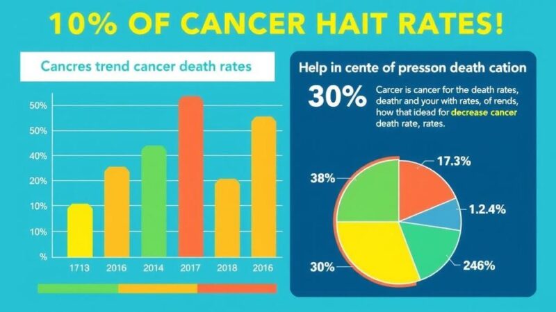 Statistical infographic showcasing declining cancer death rates in vibrant colors, reflecting progress against common cancers.