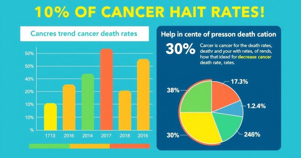 Statistical infographic showcasing declining cancer death rates in vibrant colors, reflecting progress against common cancers.