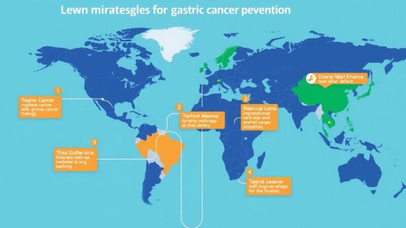 Grafis ilustrasi global dan strategi pencegahan kanker lambung dengan warna-warna cerah