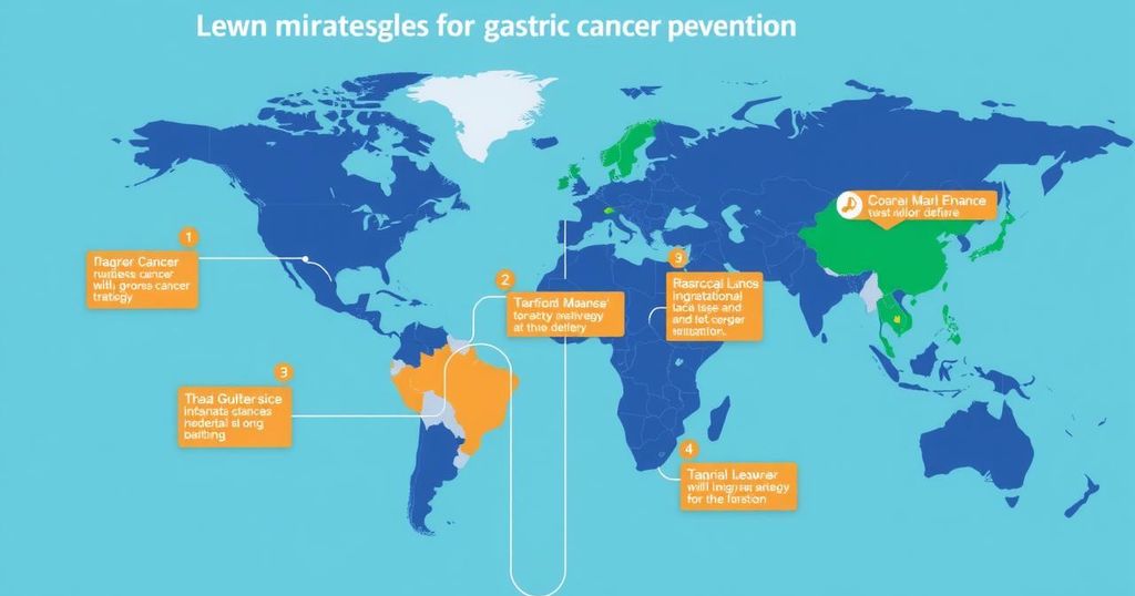 Grafis ilustrasi global dan strategi pencegahan kanker lambung dengan warna-warna cerah