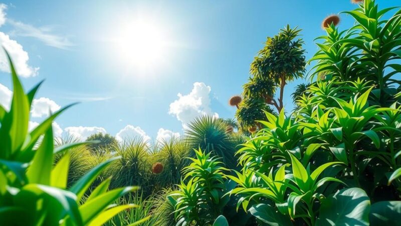 Pemandangan alami yang menenangkan dengan tanaman hijau subur dan langit biru cerah, menciptakan kedamaian dan kesejahteraan.