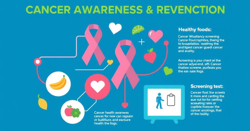 Statistical infographic with cancer awareness symbols, vibrant colors, and healthy lifestyle icons in a modern style.