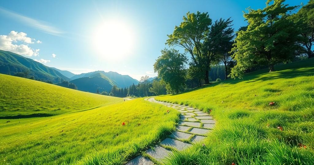 Lush green landscape with a serene walking path, symbolizing hope and wellness during recovery.