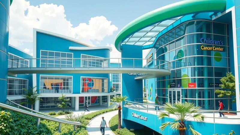 Pemandangan futuristik dari pusat kanker anak dengan jembatan langit, memberikan akses dan inovasi dalam perawatan kesehatan.