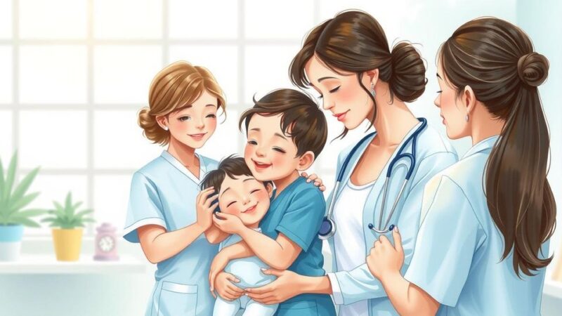 Ilustrasi role perawat dalam dukungan untuk keluarga pasien kanker otak anak dengan nuansa tenang dan warna lembut.