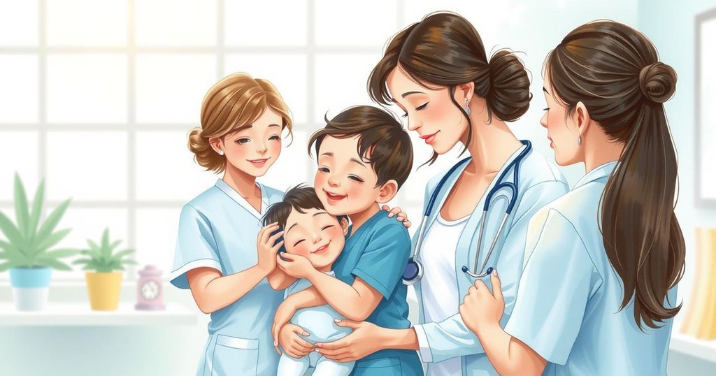 Ilustrasi role perawat dalam dukungan untuk keluarga pasien kanker otak anak dengan nuansa tenang dan warna lembut.