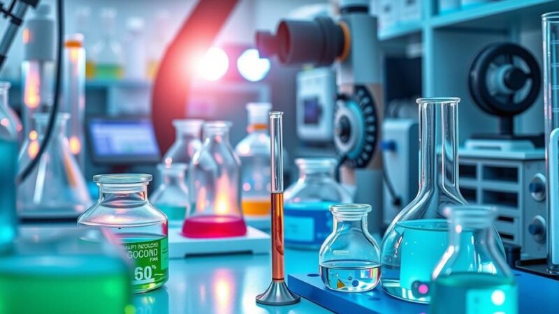 Pemandangan laboratorium penelitian dengan fokus pada bahan obat baru untuk terapi kanker, memperlihatkan suasana riset yang inovatif.