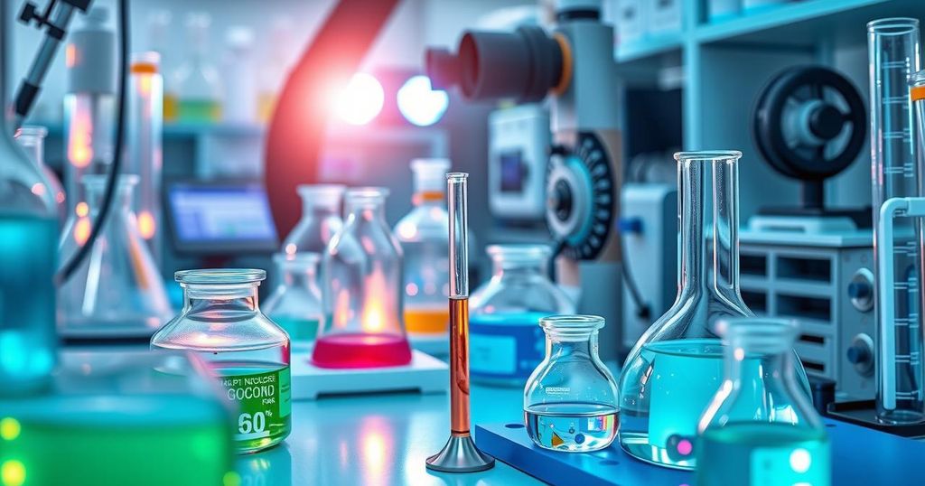 Pemandangan laboratorium penelitian dengan fokus pada bahan obat baru untuk terapi kanker, memperlihatkan suasana riset yang inovatif.