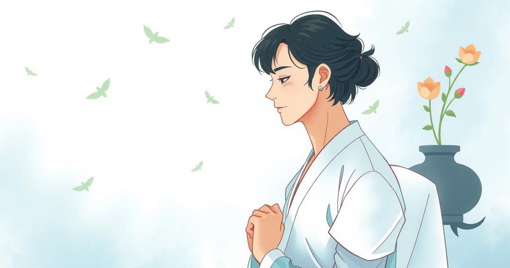 Ilustrasi peruntungan Cancer dengan tema kemitraan bisnis dan cinta, palet warna lembut dan gaya lukisan klasik.