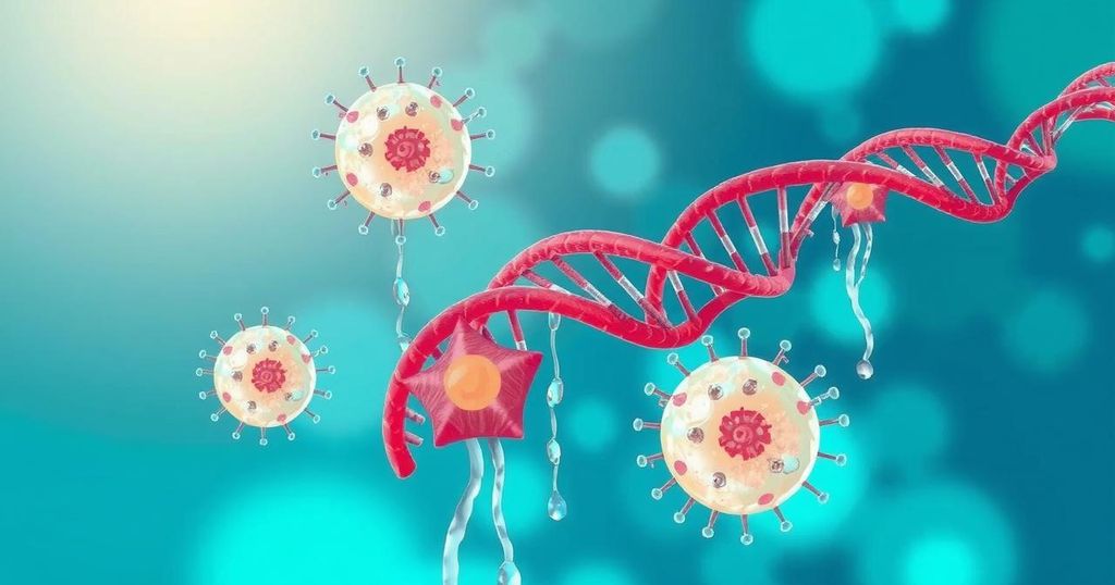 Ilustrasi sel yang menunjukkan perbaikan DNA dengan struktur protein, latar belakang warna biru dan hijau.