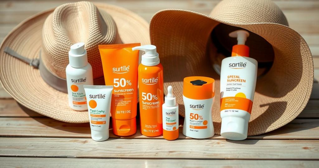 Gambar produk sunscreen berkualitas tinggi untuk kulit gelap dan aksesori perlindungan matahari seperti topi lebar