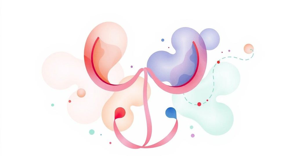 Ilustrasi tentang kesehatan seksual perempuan terkait dengan kanker kolorektal, dengan nuansa lembut dan warna pastel.