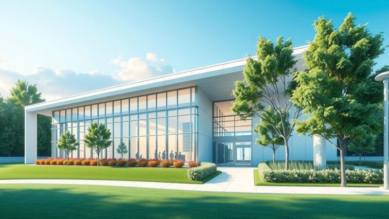 Pediatric cancer research center with modern architecture and serene environment, symbolizing hope and collaboration.
