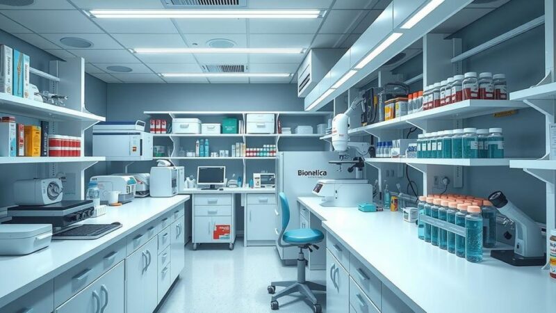 Ruang laboratorium modern dengan peralatan penelitian dan sampel biomedis yang teratur dan bersih.