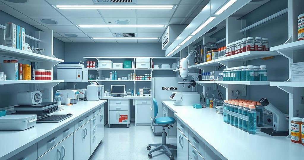 Ruang laboratorium modern dengan peralatan penelitian dan sampel biomedis yang teratur dan bersih.
