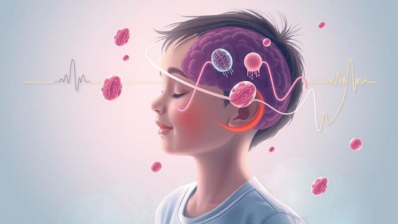 Ilustrasi terapi kanker otak pediatrik dengan fokus ultrasound dan desain dengan warna lembut.