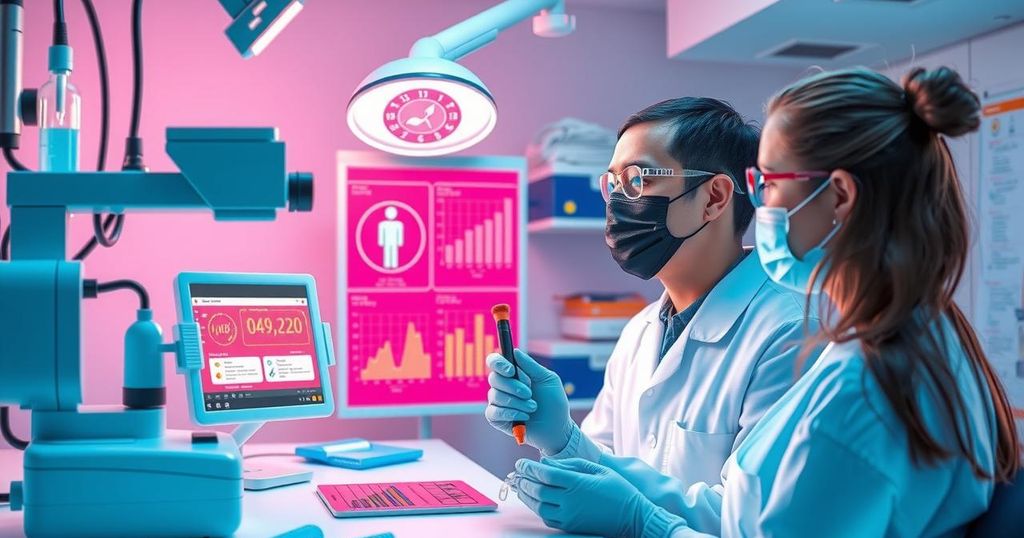 Uji coba inovatif dengan grafik laboratorium yang menggambarkan deteksi kanker payudara.