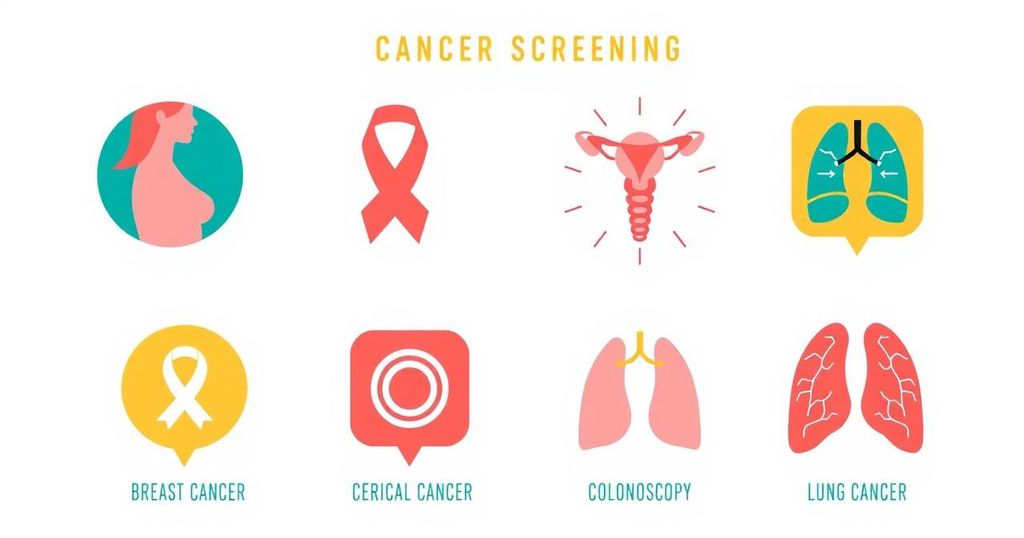 Pictorial representation of cancer screening guidelines with icons for breast, cervical, colon, and lung cancers in bold colors.