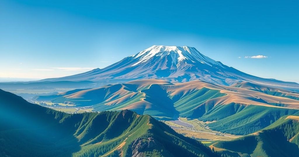Pemandangan gunung Kilimanjaro dalam suasana cerah, melambangkan harapan dan perjuangan untuk kesadaran kanker.