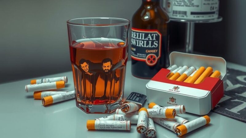 Gelas alkohol dan paket rokok di meja, menciptakan kesan pola hidup berisiko.