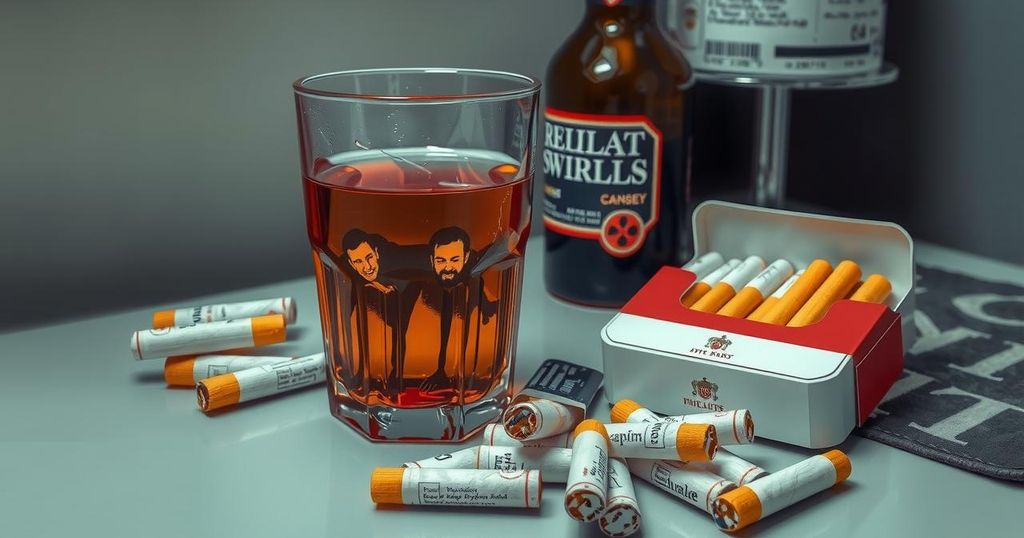 Gelas alkohol dan paket rokok di meja, menciptakan kesan pola hidup berisiko.