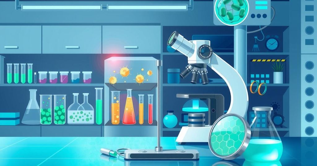 Penemuan ilmiah di laboratorium tentang pergeseran sel dengan latar belakang mikroskop dan alat laboratorium.