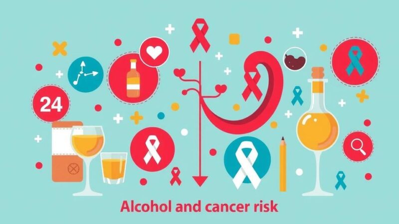 Ilustrasi edukatif yang menunjukkan hubungan antara alkohol dan risiko kanker, berwarna cerah dan informatif.