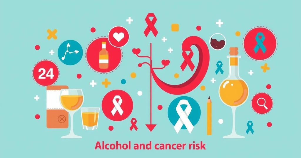 Ilustrasi edukatif yang menunjukkan hubungan antara alkohol dan risiko kanker, berwarna cerah dan informatif.