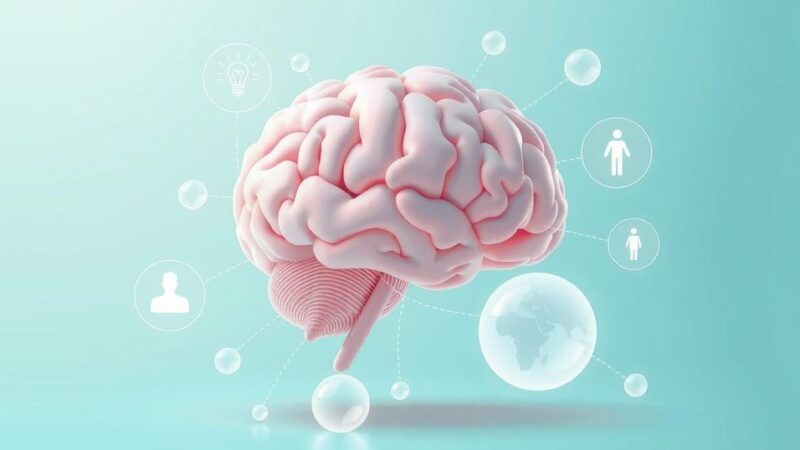 Visualisasi terapi kanker otak dengan skema warna lembut dan gaya seni minimalis