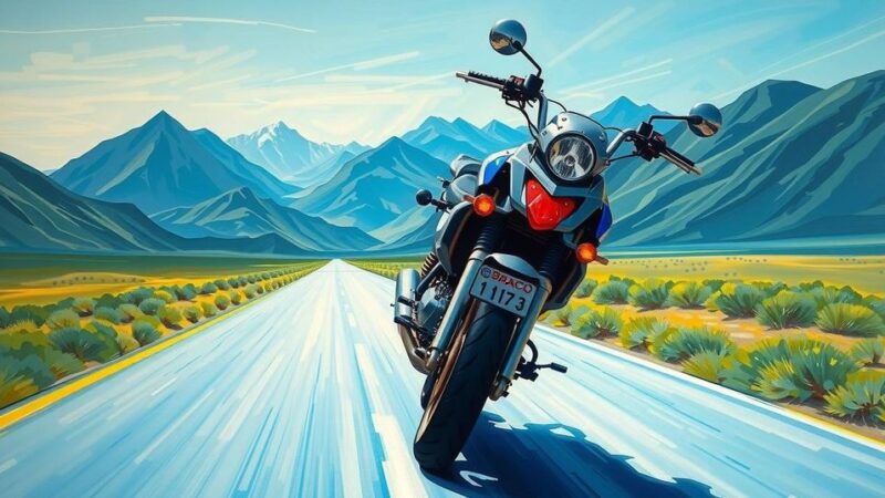 Seorang pengendara motor dengan latar belakang pegunungan dan jalanan terbuka, menciptakan semangat petualangan dan harapan.