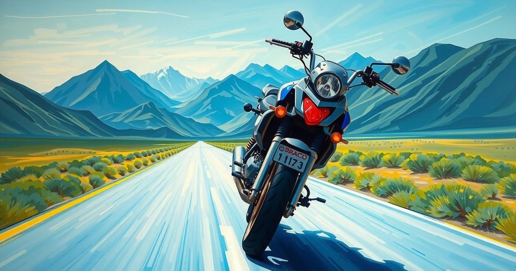 Seorang pengendara motor dengan latar belakang pegunungan dan jalanan terbuka, menciptakan semangat petualangan dan harapan.