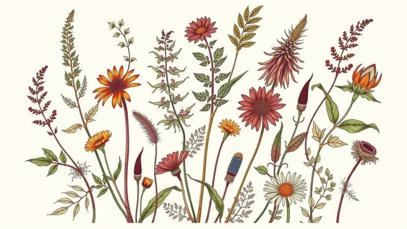 Botanical illustration of various herbal plants commonly used in traditional medicine, green and earthy tones