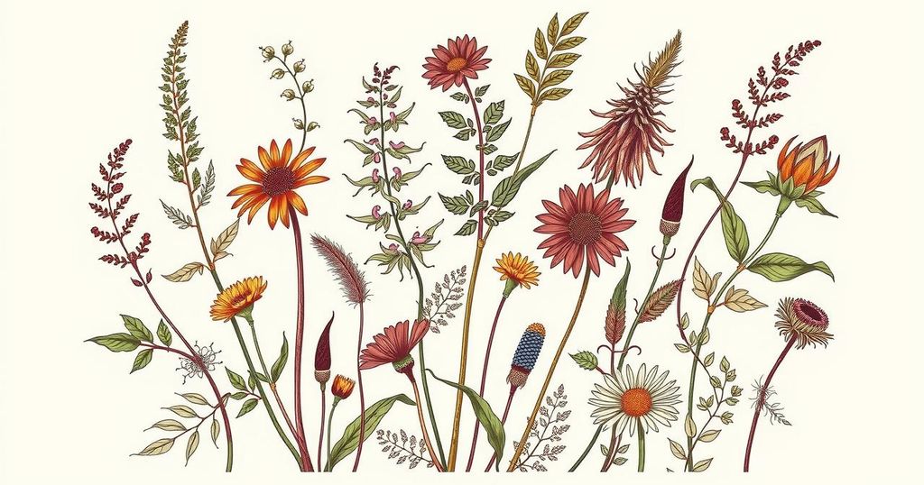 Botanical illustration of various herbal plants commonly used in traditional medicine, green and earthy tones
