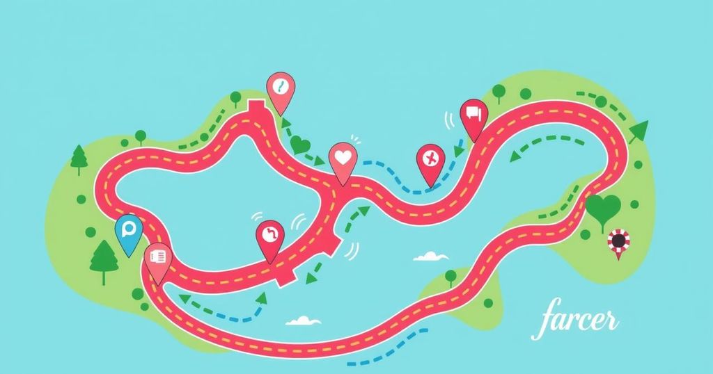 Meriah dan berwarna, peta jalan dengan rute berkelok-kelok yang menandakan perjalanan pengobatan kanker.