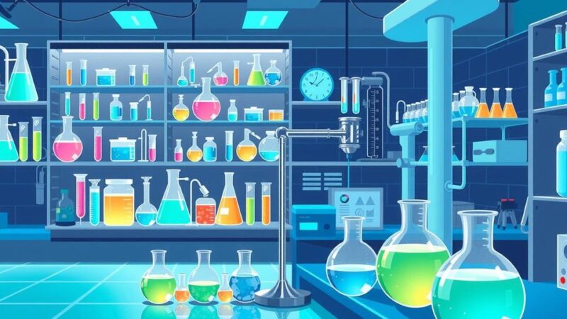 Ilustrasi penelitian ilmiah dengan latar belakang laboratorium, alat penelitian, dan larutan kimia.