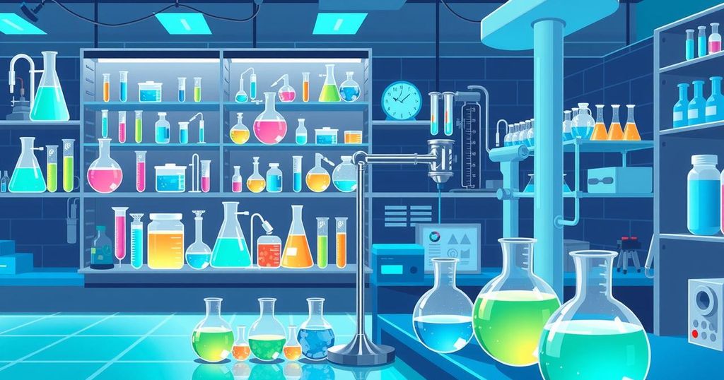Ilustrasi penelitian ilmiah dengan latar belakang laboratorium, alat penelitian, dan larutan kimia.