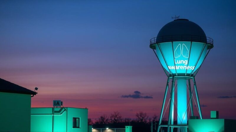 Menara air Bell Works bercahaya turquoise dalam rangka kampanye kesadaran kanker paru-paru di New Jersey.
