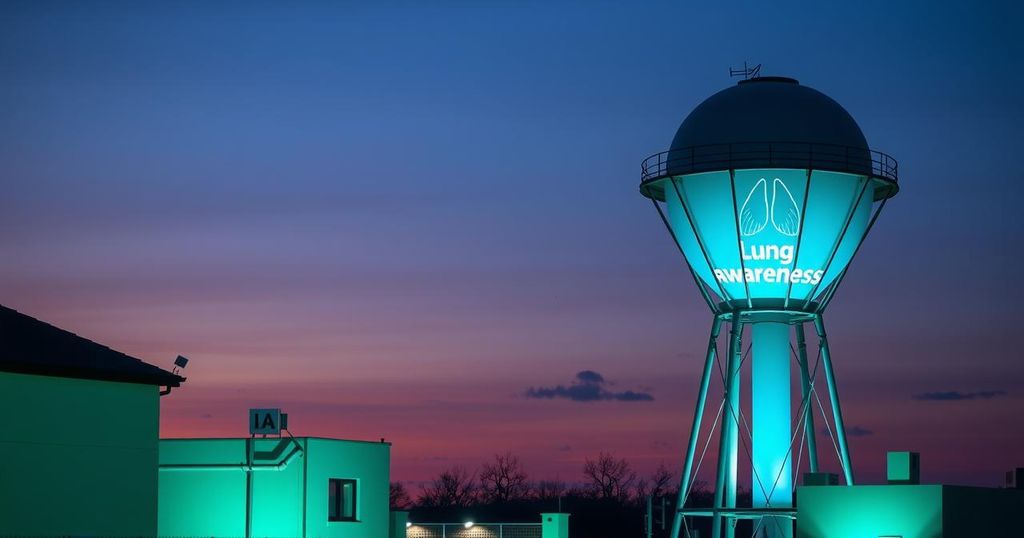 Menara air Bell Works bercahaya turquoise dalam rangka kampanye kesadaran kanker paru-paru di New Jersey.