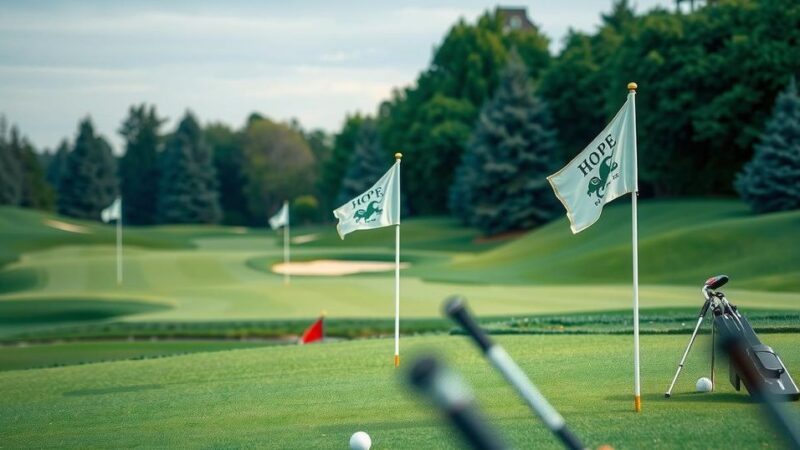 Lapangan golf hijau dengan tiang bendera dan klub golf, mewakili semangat dan harapan pada acara amal.