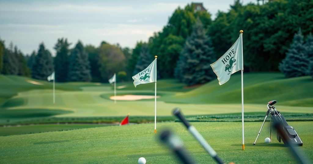 Lapangan golf hijau dengan tiang bendera dan klub golf, mewakili semangat dan harapan pada acara amal.