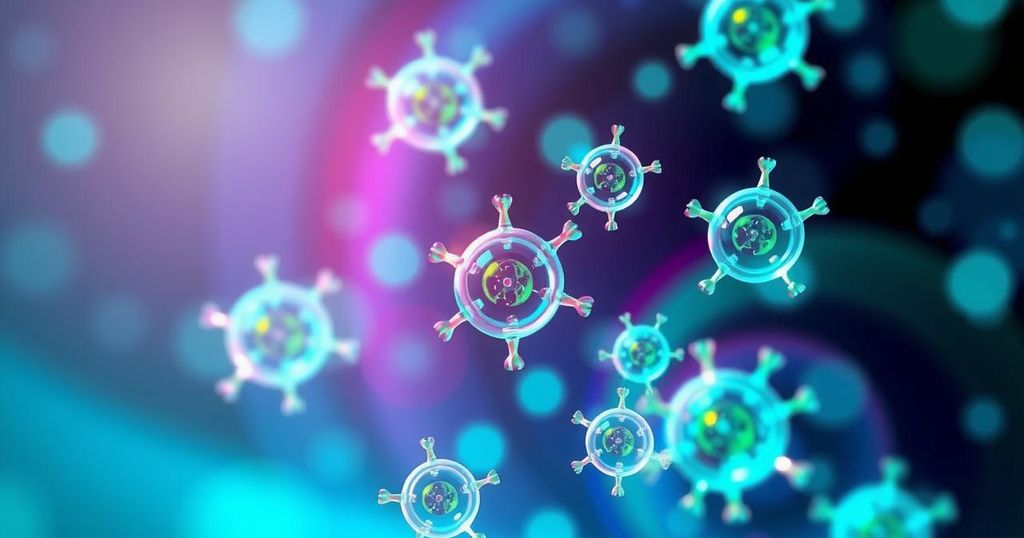 Nanoparticle platform for bladder cancer therapy with vibrant colors and a scientific theme.