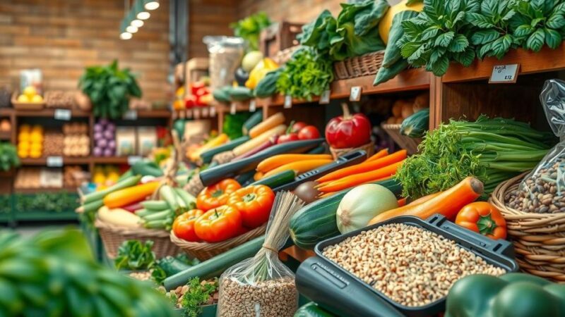 Panduan belanja sehat dengan sayuran segar dan biji-bijian untuk diet tinggi serat.