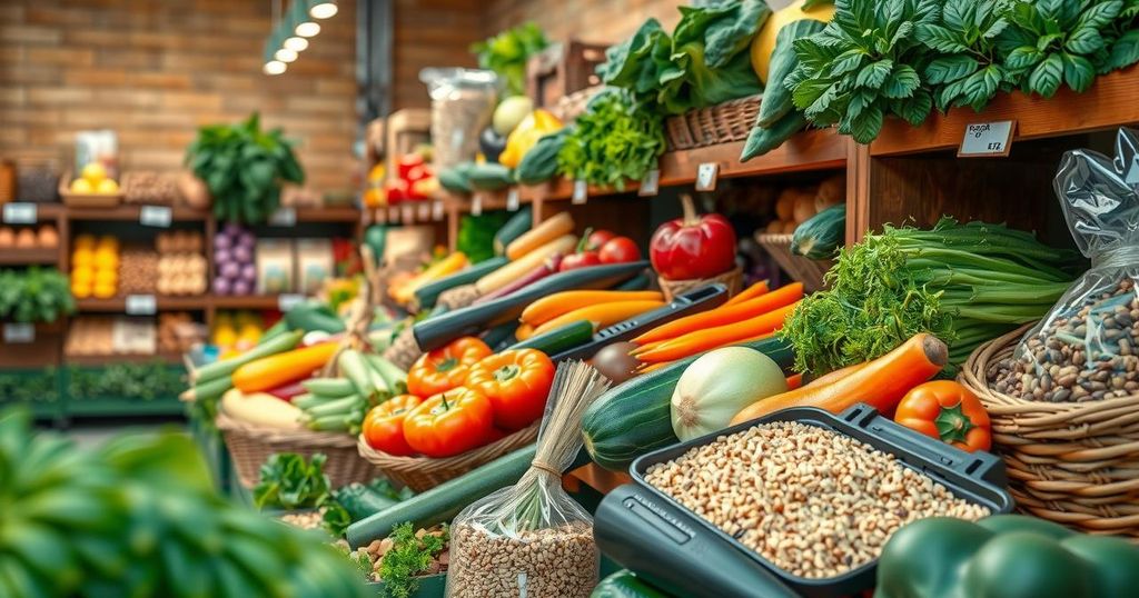 Panduan belanja sehat dengan sayuran segar dan biji-bijian untuk diet tinggi serat.